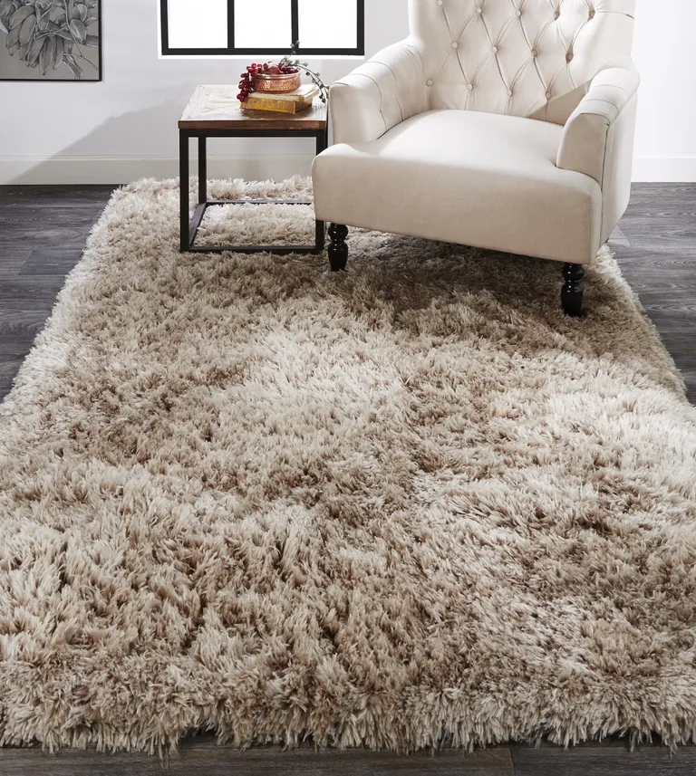 Tan And Taupe Shag Tufted Handmade Stain Resistant Area Rug Photo 4