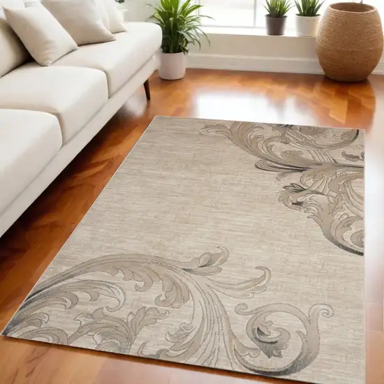 Tan Black and Ivory Damask Non Skid Area Rug Photo 2