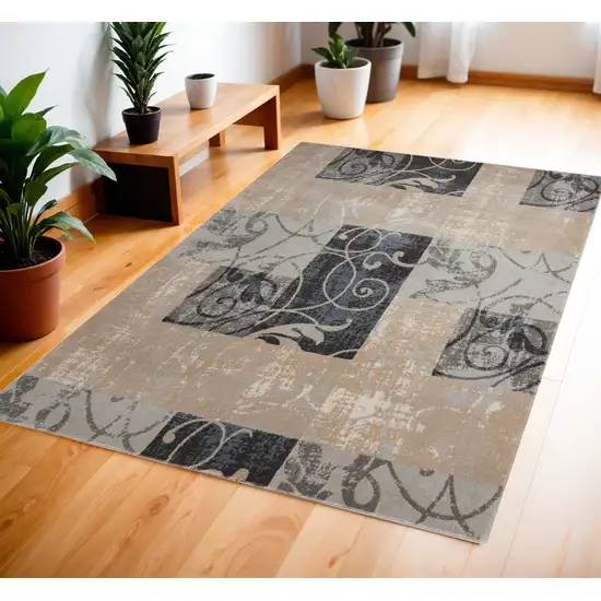 Tan Black and Ivory Floral Vines Area Rug Photo 1