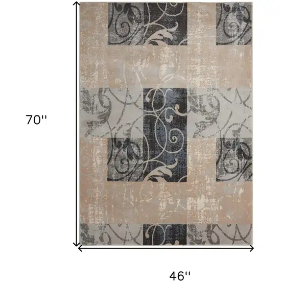 Tan Black and Ivory Floral Vines Area Rug Photo 3