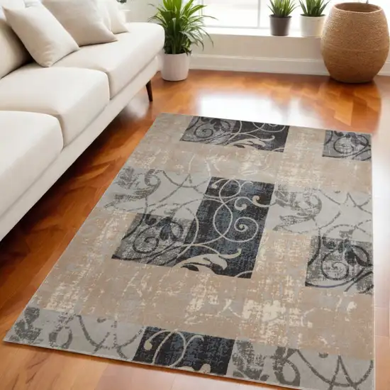 Tan Black and Ivory Floral Vines Non Skid Area Rug Photo 1