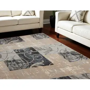 Photo of Tan Black and Ivory Floral Vines Non Skid Area Rug