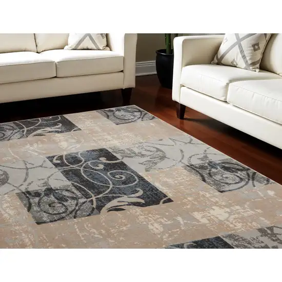 Tan Black and Ivory Floral Vines Non Skid Area Rug Photo 1