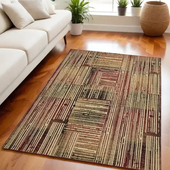 Tan Black and Red Striped Non Skid Area Rug Photo 1