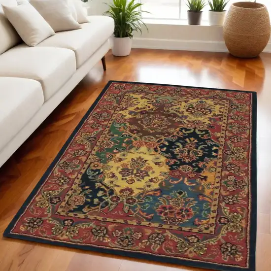 Tan Black and Red Wool Floral Area Rug Photo 1