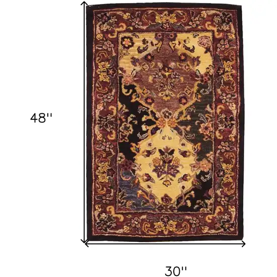 Tan Black and Red Wool Floral Area Rug Photo 3