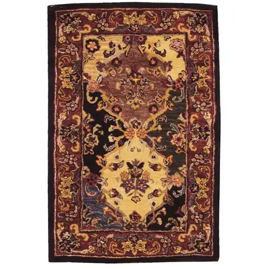 Tan Black and Red Wool Floral Area Rug Photo 2