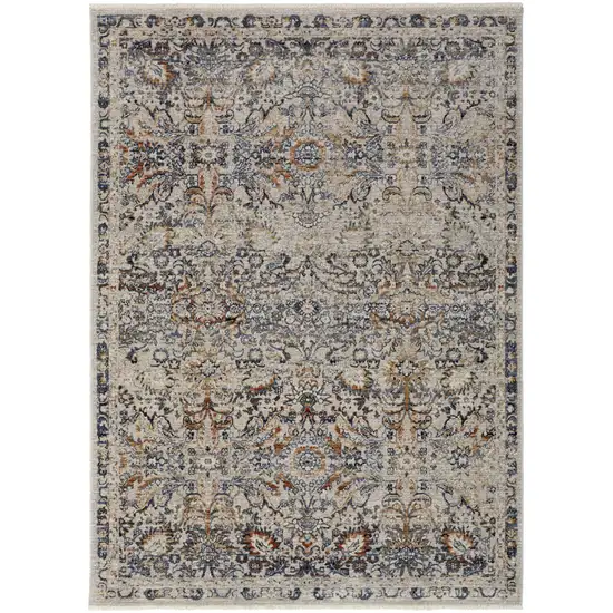 Tan Blue And Orange Floral Power Loom Distressed Area Rug With Fringe Photo 1