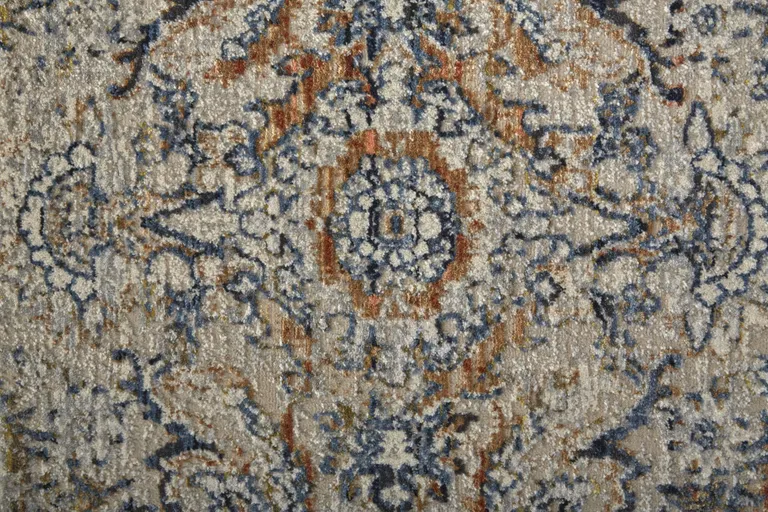 Tan Blue And Orange Floral Power Loom Distressed Area Rug With Fringe Photo 2