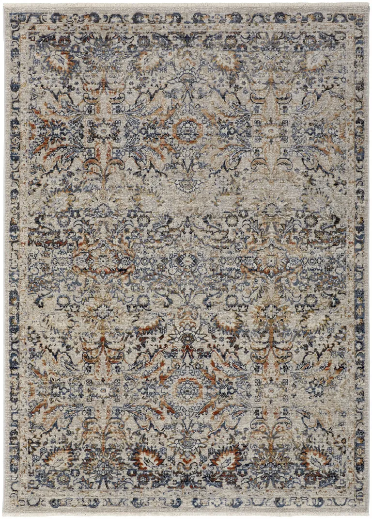 Tan Blue And Orange Floral Power Loom Distressed Area Rug With Fringe Photo 1