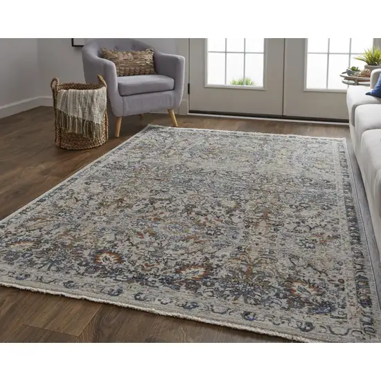 Tan Blue And Orange Floral Power Loom Distressed Area Rug With Fringe Photo 7