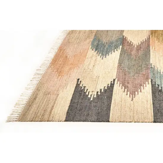 Tan Blue And Orange Geometric Dhurrie Flatweave Handmade Area Rug With Fringe Photo 6