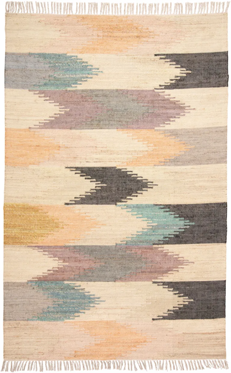 Tan Blue And Orange Geometric Dhurrie Flatweave Handmade Area Rug With Fringe Photo 1