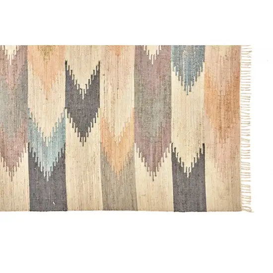 Tan Blue And Orange Geometric Dhurrie Flatweave Handmade Area Rug With Fringe Photo 2