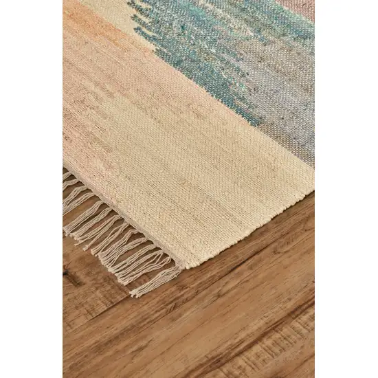 Tan Blue And Orange Geometric Dhurrie Flatweave Handmade Area Rug With Fringe Photo 8