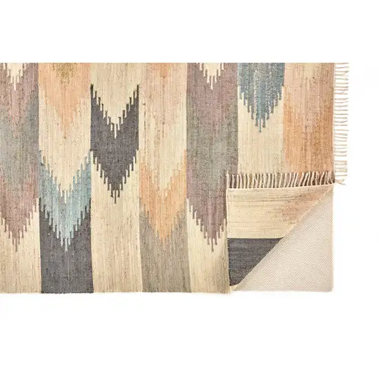 Tan Blue And Orange Geometric Dhurrie Flatweave Handmade Area Rug With Fringe Photo 4