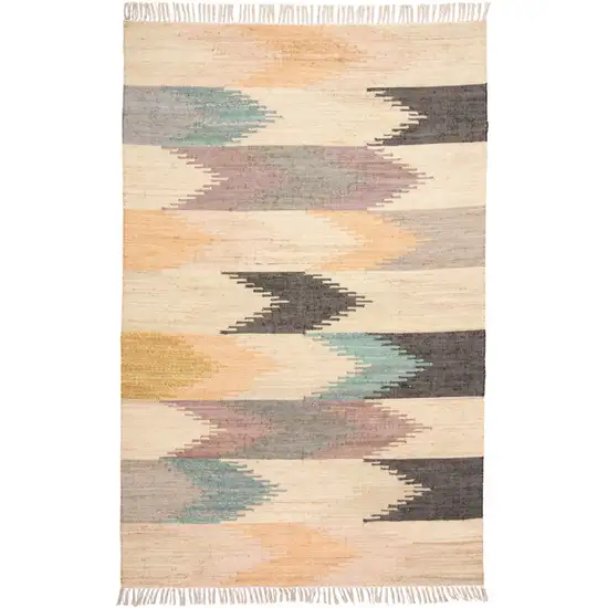 Tan Blue And Orange Geometric Dhurrie Flatweave Handmade Area Rug With Fringe Photo 1