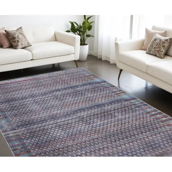 Tan Blue And Pink Striped Power Loom Area Rug Photo 1