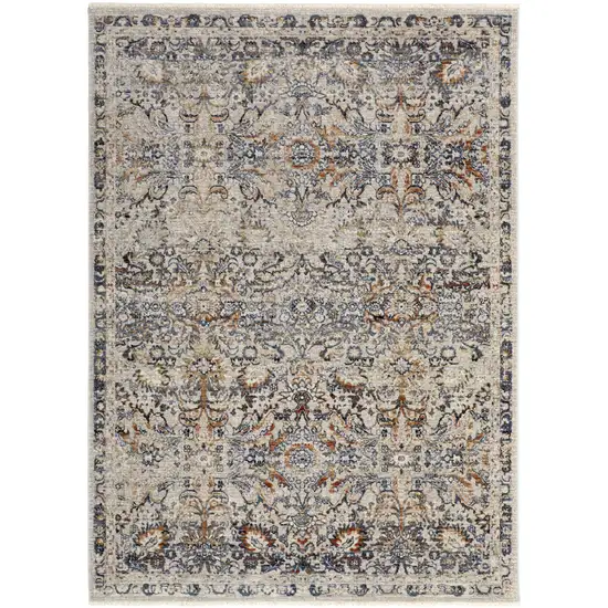 Tan Blue and Brown Damask Power Loom Area Rug With Fringe Photo 2