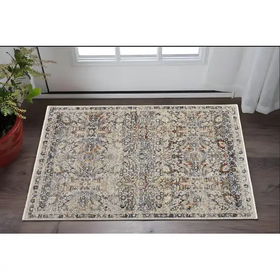 Tan Blue and Brown Damask Power Loom Area Rug With Fringe Photo 1