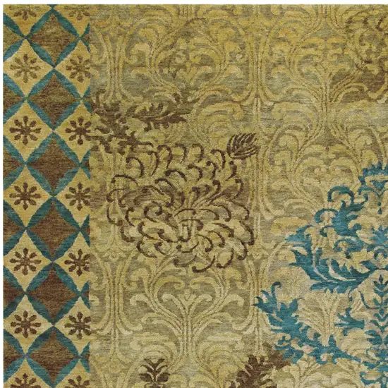 Tan Blue and Brown Floral Hand Knotted Area Rug Photo 8