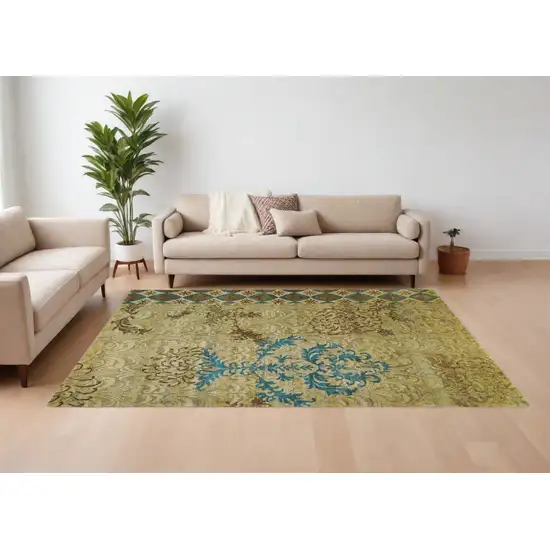 Tan Blue and Brown Floral Hand Knotted Area Rug Photo 1