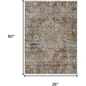 Photo of Tan Blue and Brown Oriental Power Loom Area Rug With Fringe