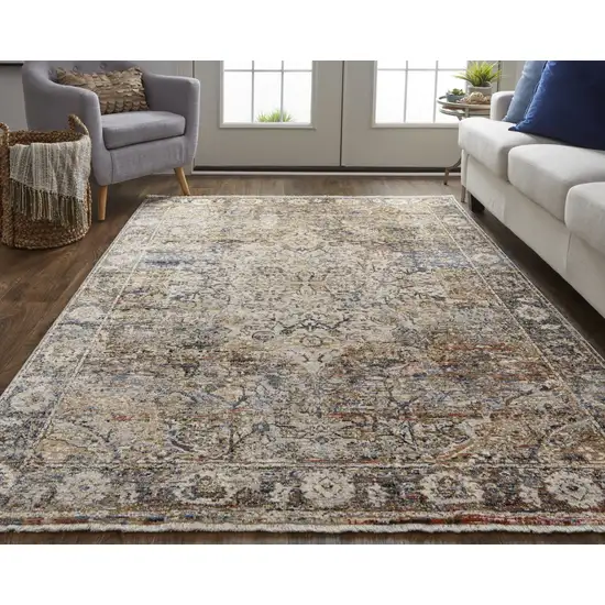 Tan Blue and Brown Oriental Power Loom Area Rug With Fringe Photo 9