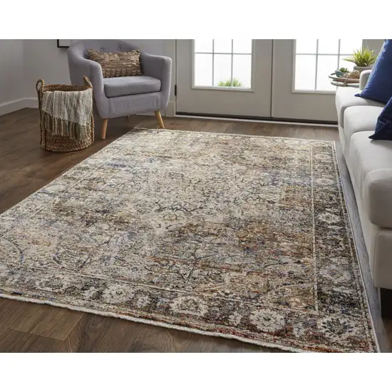 Tan Blue and Brown Oriental Power Loom Area Rug With Fringe Photo 8