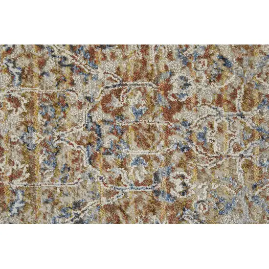 Tan Blue and Brown Oriental Power Loom Worn Faded Area Rug With Fringe Photo 6