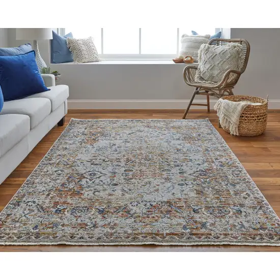 Tan Blue and Brown Oriental Power Loom Worn Faded Area Rug With Fringe Photo 9