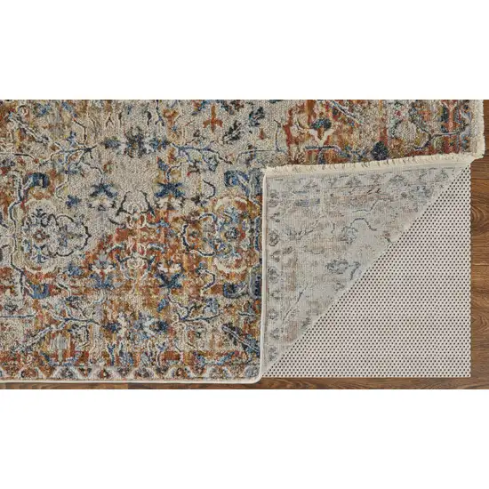 Tan Blue and Brown Oriental Power Loom Worn Faded Area Rug With Fringe Photo 7