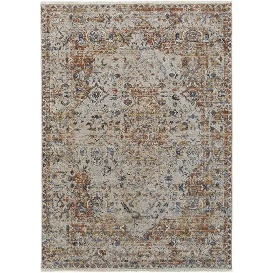 Tan Blue and Brown Oriental Power Loom Worn Faded Area Rug With Fringe Photo 2