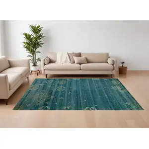 Photo of Tan Blue and Green Striped Hand Knotted Area Rug