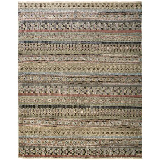 Tan Blue and Orange Striped Hand Knotted Area Rug Photo 2