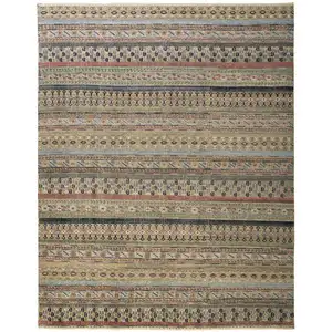 Photo of Tan Blue and Orange Striped Hand Knotted Area Rug