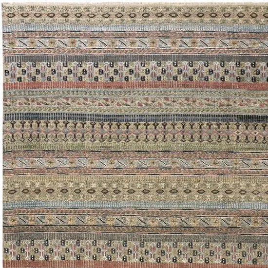 Tan Blue and Orange Striped Hand Knotted Area Rug Photo 9