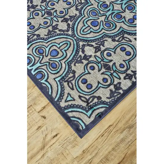 Tan Blue and Taupe Damask Power Loom Area Rug Photo 8