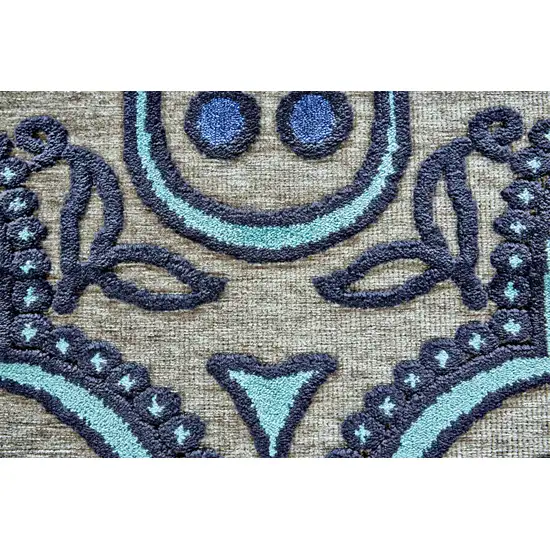 Tan Blue and Taupe Damask Power Loom Area Rug Photo 6