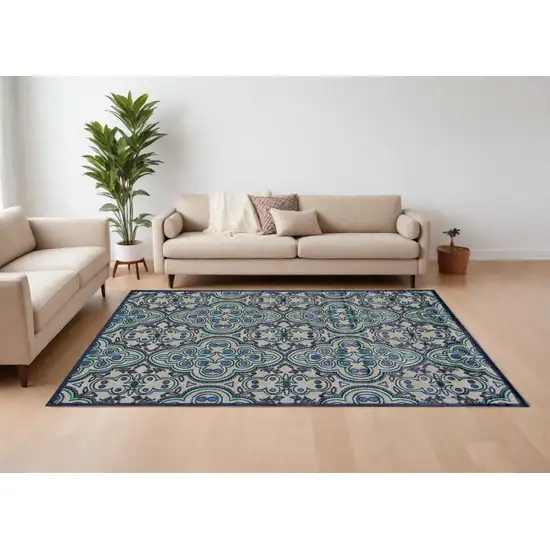 Tan Blue and Taupe Damask Power Loom Area Rug Photo 1