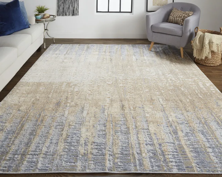 Tan Brown And Blue Abstract Power Loom Distressed Area Rug Photo 3