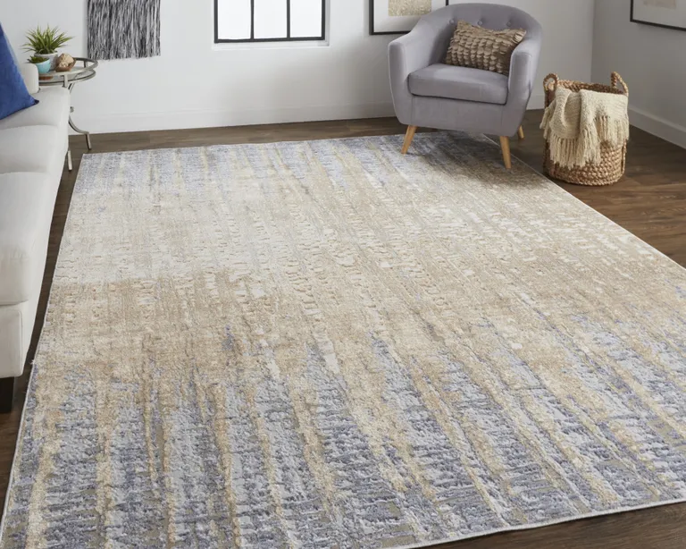 Tan Brown And Blue Abstract Power Loom Distressed Area Rug Photo 2