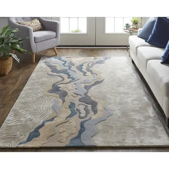 Tan Brown And Blue Wool Abstract Tufted Handmade Area Rug Photo 2