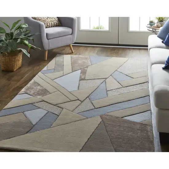 Tan Brown And Blue Wool Geometric Tufted Handmade Area Rug Photo 7