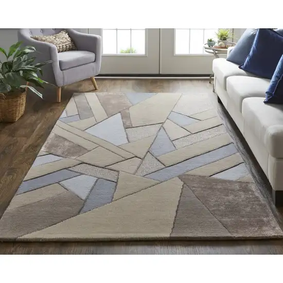 Tan Brown And Blue Wool Geometric Tufted Handmade Area Rug Photo 6