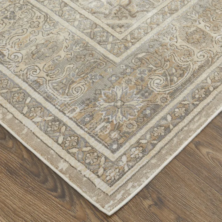 Tan Brown And Ivory Floral Power Loom Distressed Area Rug Photo 3