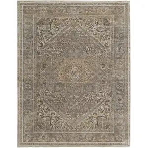 Photo of Tan Brown And Ivory Floral Power Loom Distressed Area Rug