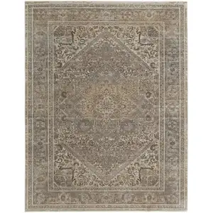 Photo of Tan Brown And Ivory Floral Power Loom Distressed Area Rug