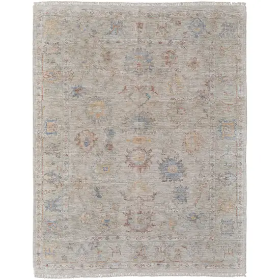 Tan Brown and Blue Floral Hand Woven Distressed Area Rug With Fringe Photo 4