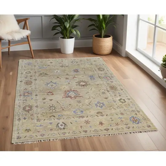 Tan Brown and Blue Wool Floral Hand Knotted Area Rug With Fringe Photo 1